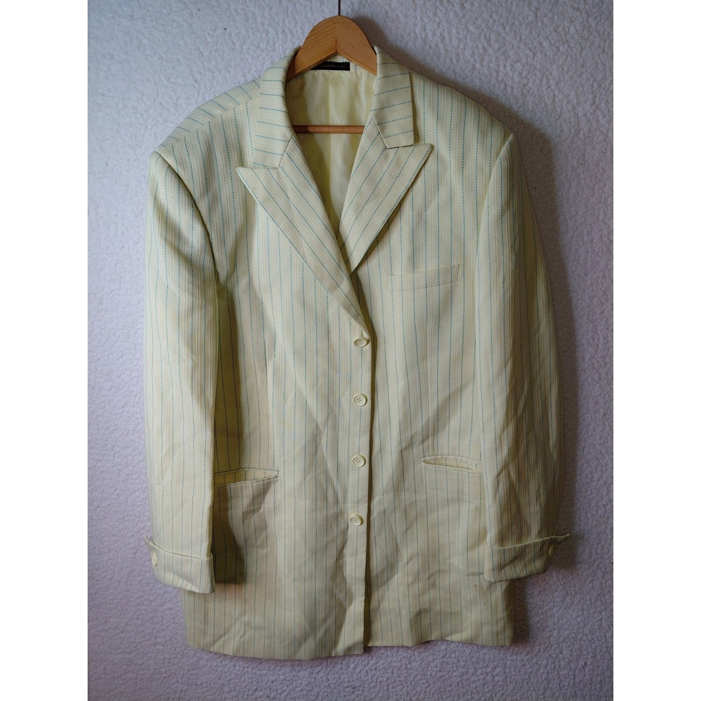 Vintage Pale Yellow Pinstripe 2 Piece Suit Blazer and Pleated Trousers Set